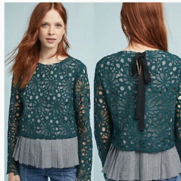 ANTHRO MAEVE Gabriella Gingham Crochet Lace Pleated Tie Back Top Blouse Bow Back - Picture 1 of 5